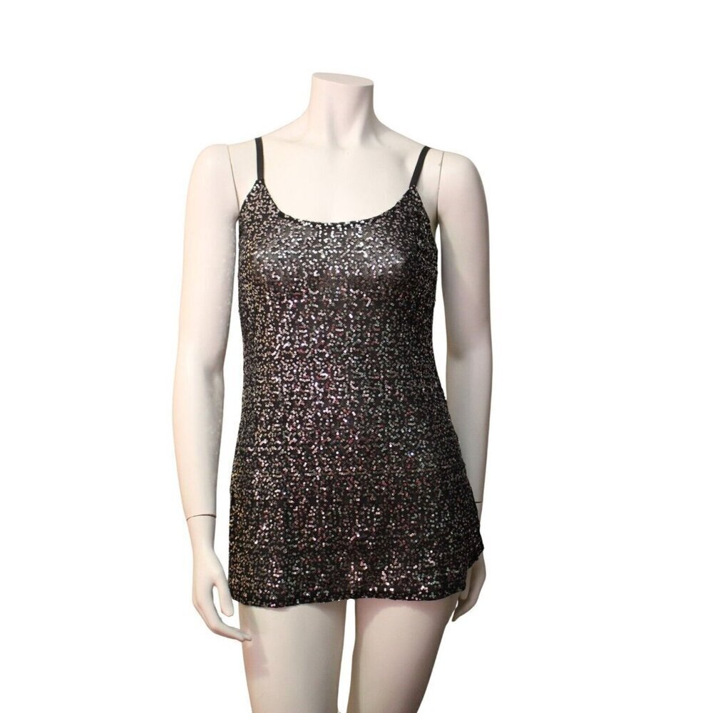 MODA International Black Silver Nylon Sequin Stretch Mesh Tank Top Size M